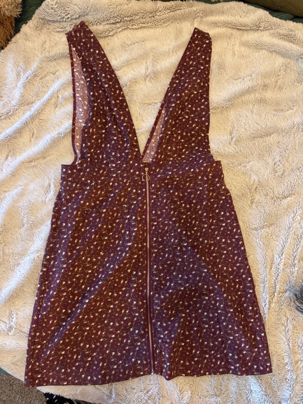SHEIN Burgundy Floral Zip-Front corduroy jumper